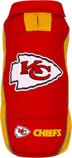 Pets First Kansas City Chiefs dog puffer vest front view showcasing the official team logo