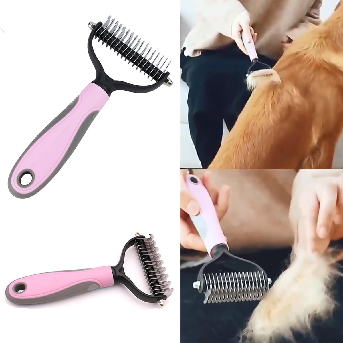 KEEPLKVOC seven piece professional dog brush kit displaying the soft silicone shampoo bath massage brush.