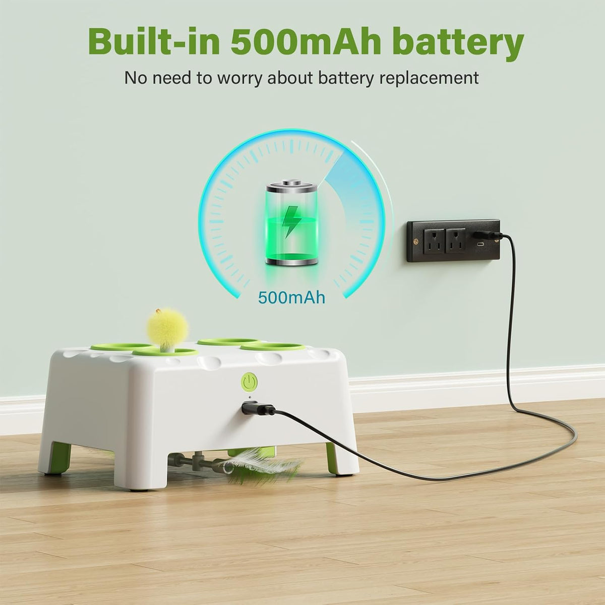 HAPPYCODE rechargeable cat toy showcasing the USB charging port and non-slip silicone base pads.