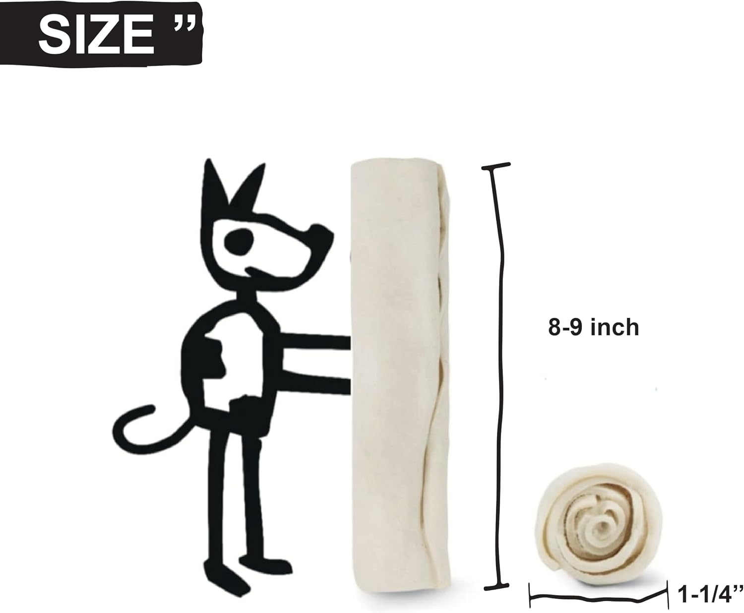 Natural beefhide dog chew treats 8 to 9 inch length close up