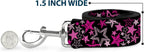 Lifestyle presentation of the Buckle-Down Stargazer black and pink pet leash.