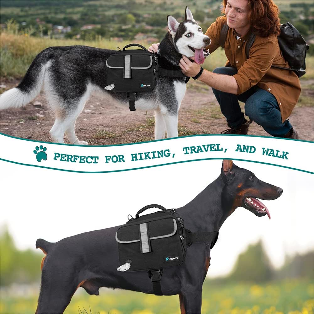 PetAmi Dog Saddle Bag adjusted on a golden retriever proving the snug fit of multiple adjustable straps