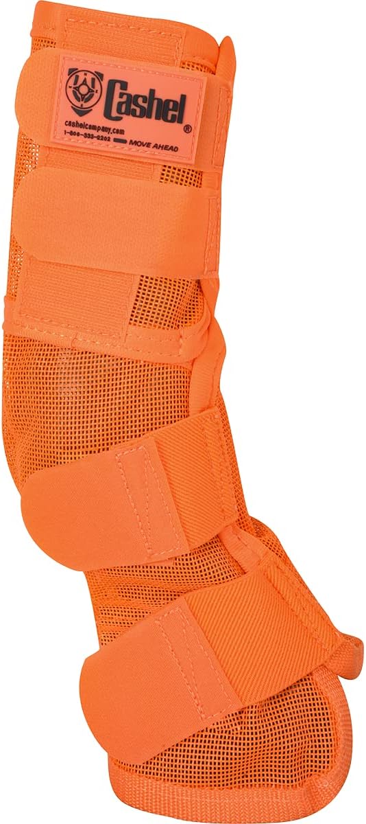 Side profile of horse wearing orange Cashel fly boots
