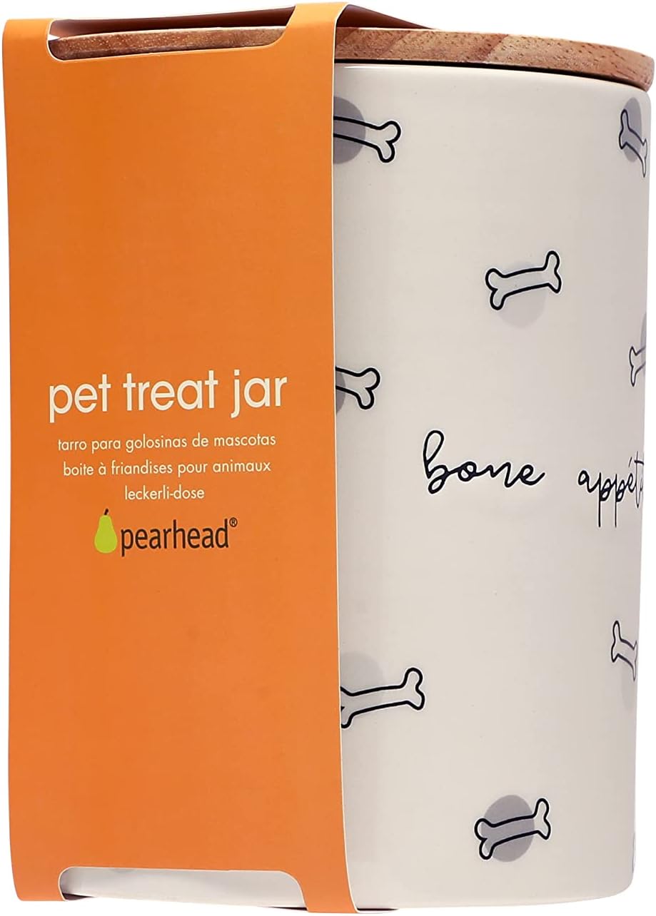 Close up of Pearhead Bone Appetite ceramic canister script