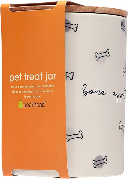 Close up of Pearhead Bone Appetite ceramic canister script