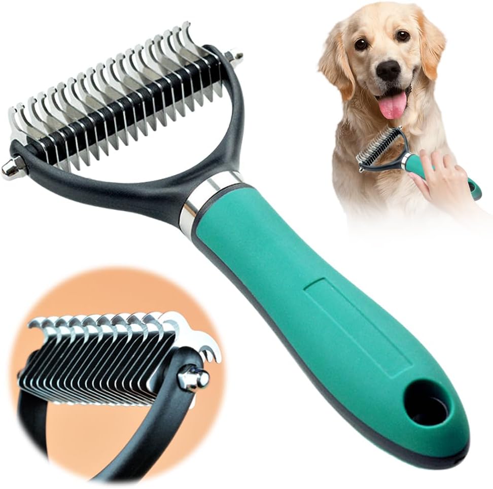 Dhgate double sided pet grooming brush front view showcasing teal green ergonomic handle
