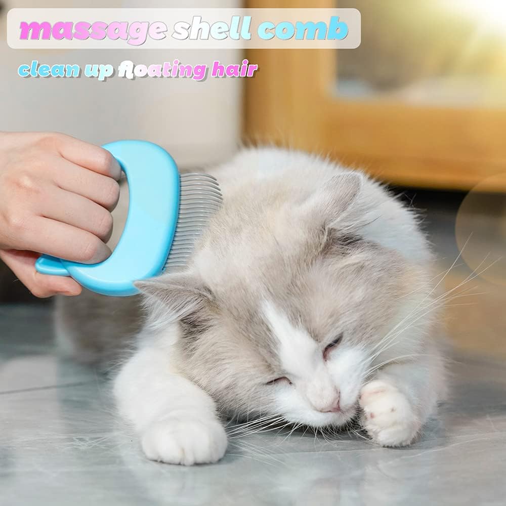 Blue pet massaging shell comb being used on a long haired cat