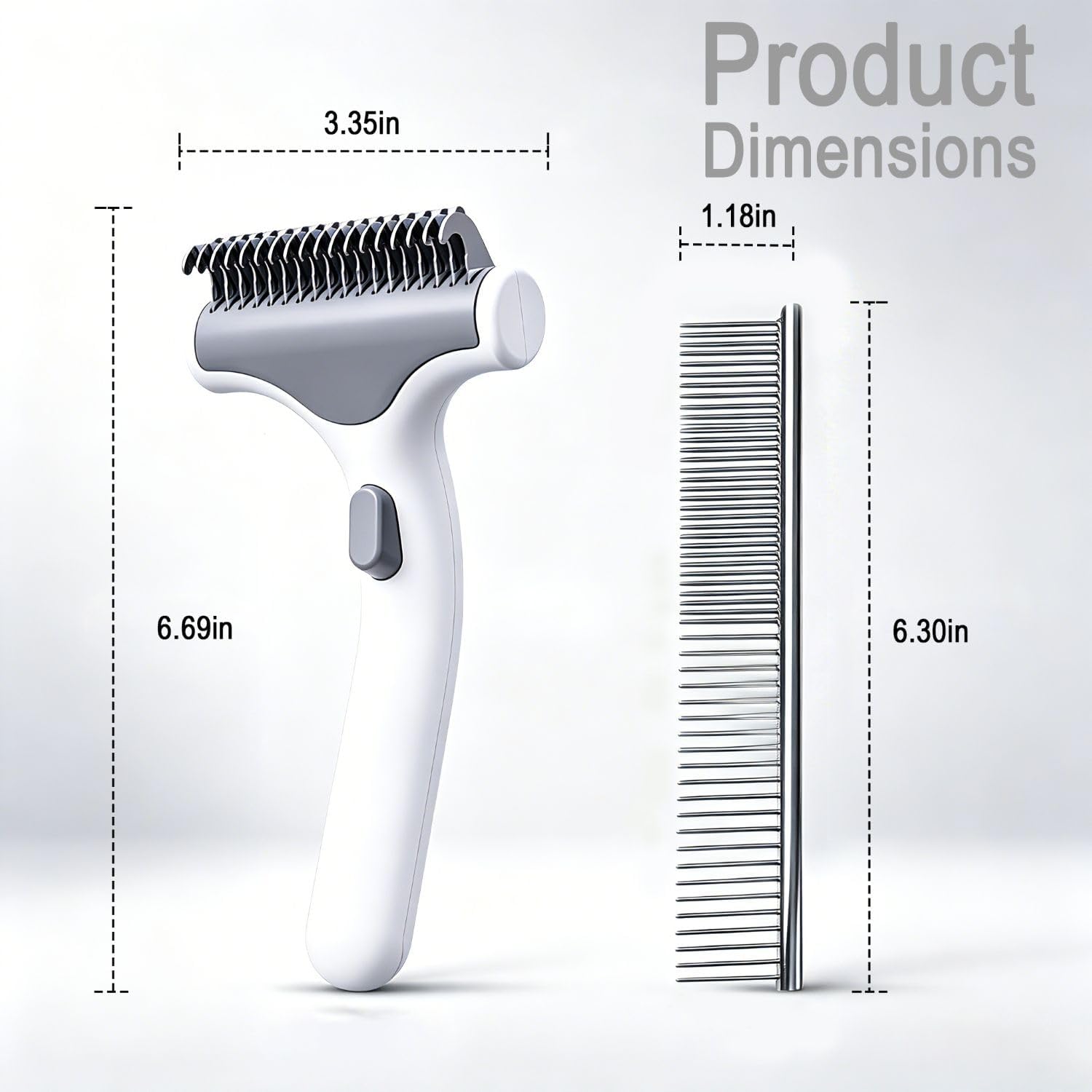 Side view of white and grey dual sided pet grooming rake