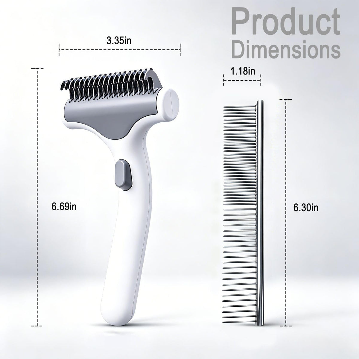 Side view of white and grey dual sided pet grooming rake