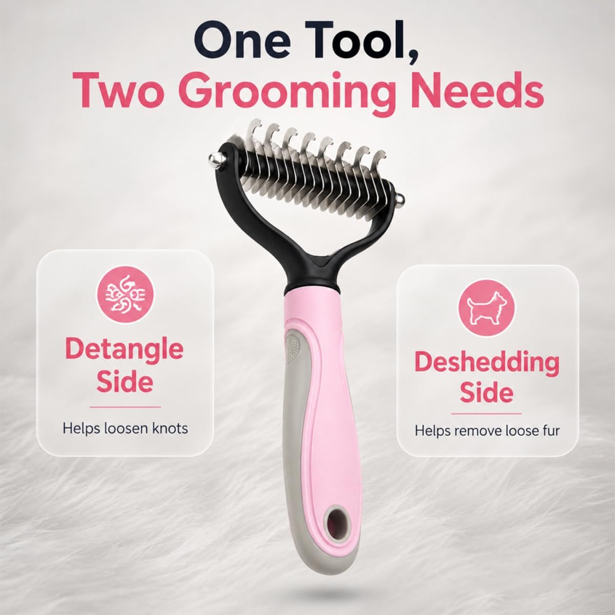 Extra wide dual sided animal grooming comb demonstrating mat removal feature