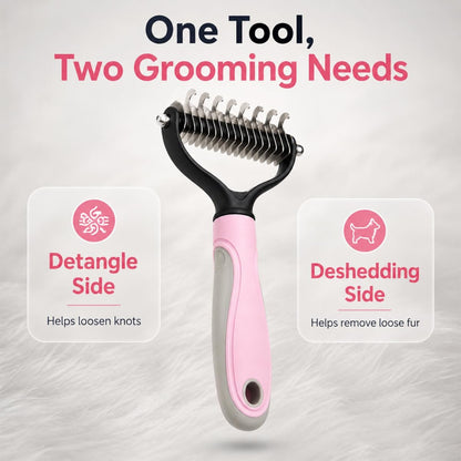 Extra wide dual sided animal grooming comb demonstrating mat removal feature