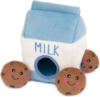 ZippyPaws Burrow Milk and Cookies interactive dog toy front view showing plush cookies inside the milk carton.