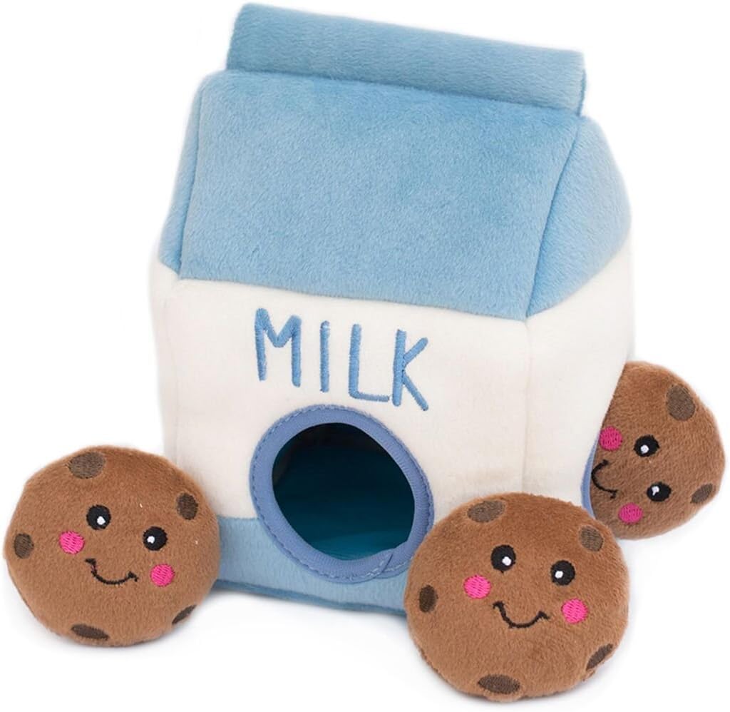 ZippyPaws Burrow Milk and Cookies interactive dog toy front view showing plush cookies inside the milk carton.