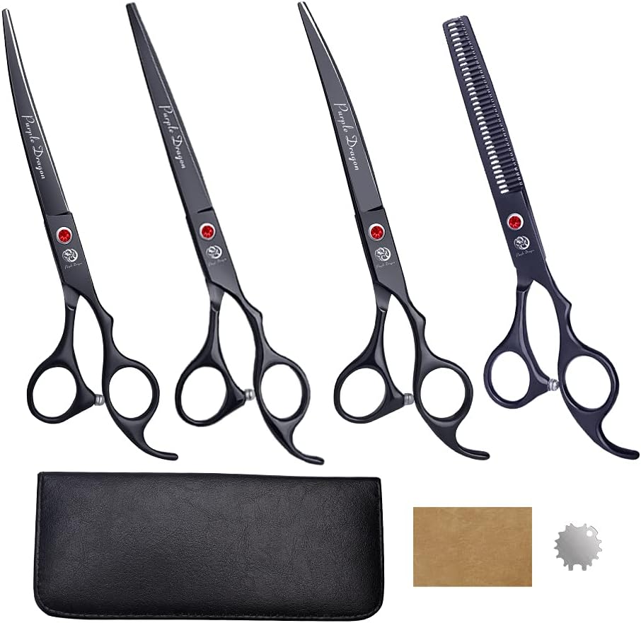 Purple Dragon Professional 7.0 inch 4PCS Pet Grooming Scissors Kit Japan Premium Steel Straight & Curved & Thinning Blade Dog Hair Cutting Shears Set with Case - Image 9