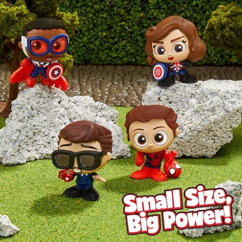 Unboxed collection of mystery Marvel figurines displayed together with the official character checklist document.