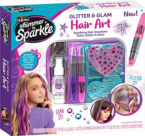 Back layout of Shimmer 'n Sparkle hair art set detailing safe ingredients and easy wash out steps