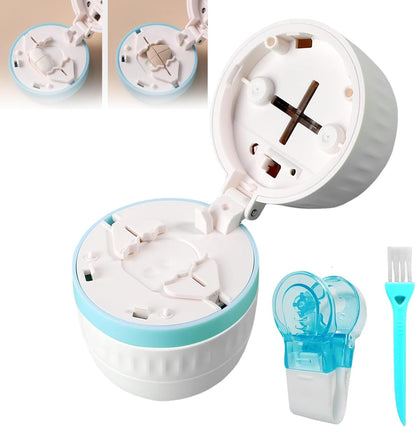 YSLPHMG 4-in-1 pill cutter and crusher front view showing the compact blue and white travel case design