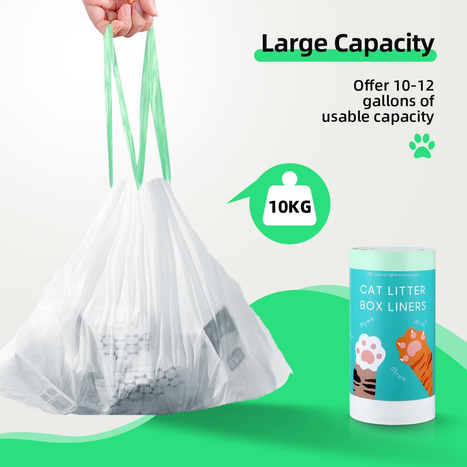 Thick heavy duty drawstring waste bag being lifted out of an automatic litter box