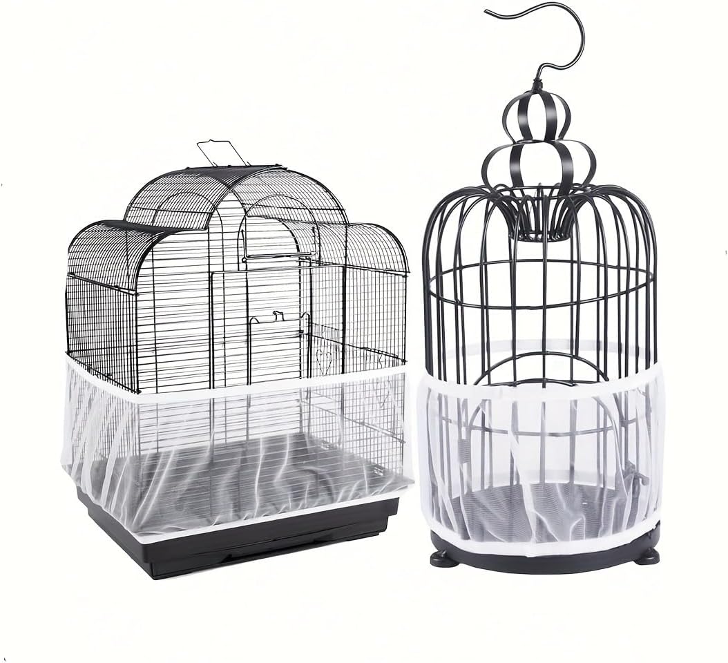 White nylon mesh seed catcher being fitted on a cage base