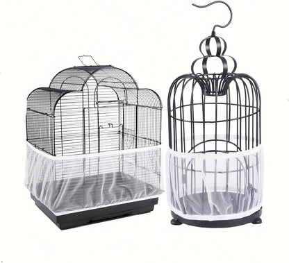 White nylon mesh seed catcher being fitted on a cage base