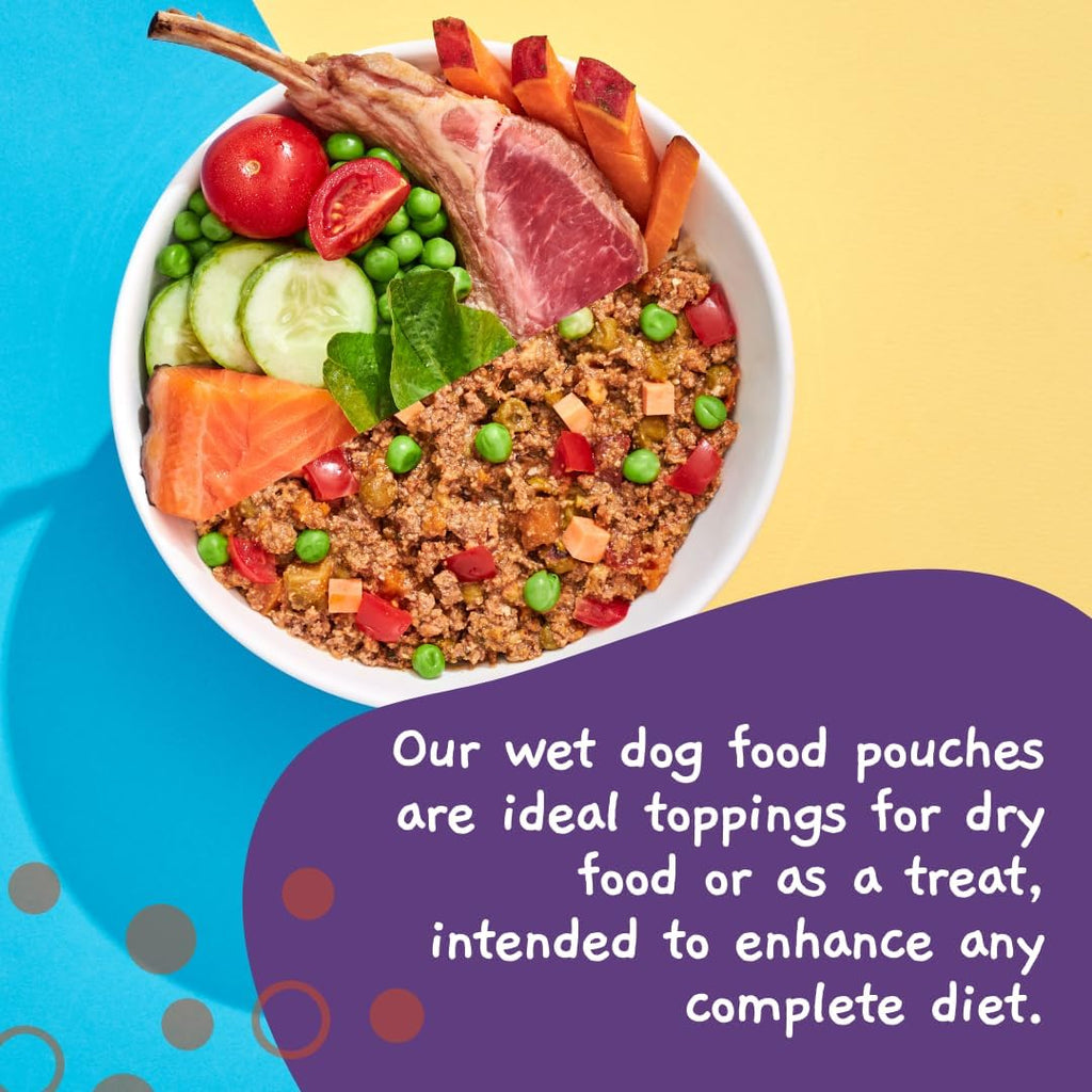 Close up of Moochie dog food pouch ingredients and benefits