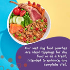 Close up of Moochie dog food pouch ingredients and benefits