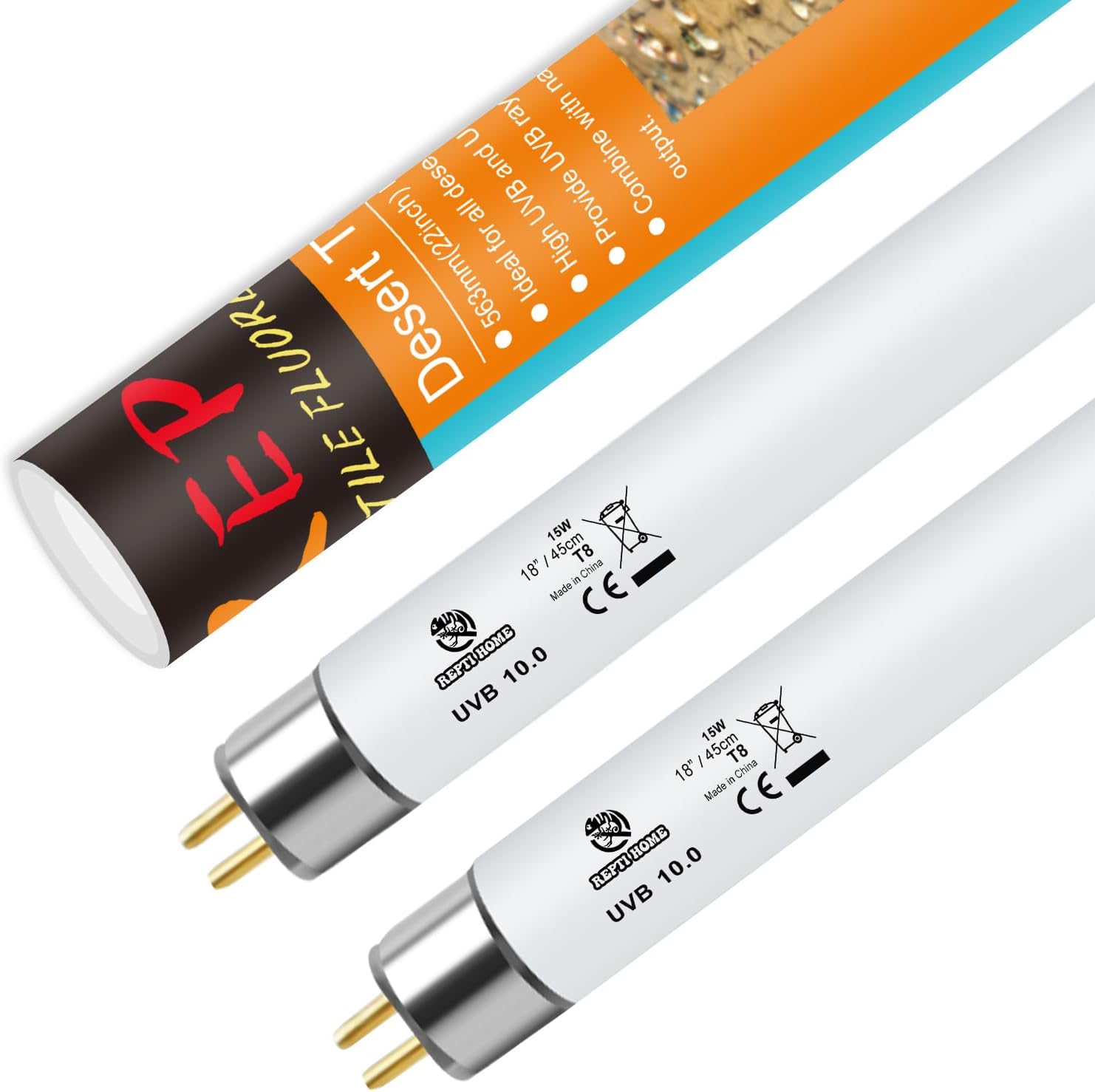 REPTI HOME T8 UVB Reptile Light 15W 10.0 two pack front view showing the long fluorescent tubes for desert terrariums