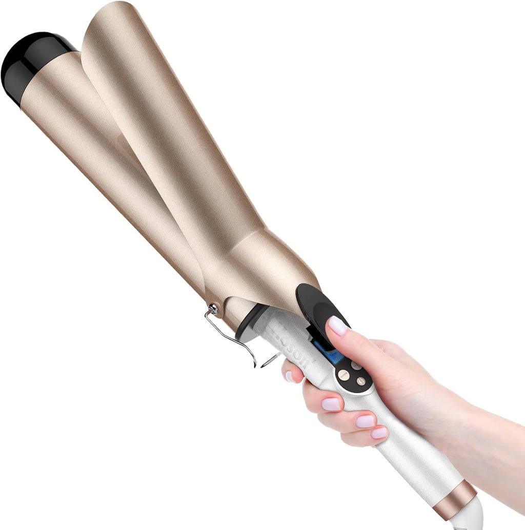 Hoson two inch curling iron large barrel front view showing gold ceramic tourmaline finish