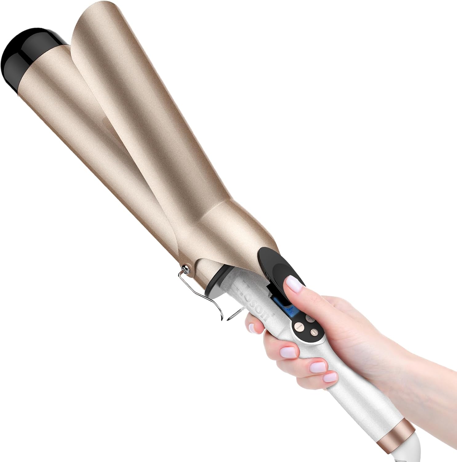 Hoson two inch curling iron large barrel front view showing gold ceramic tourmaline finish