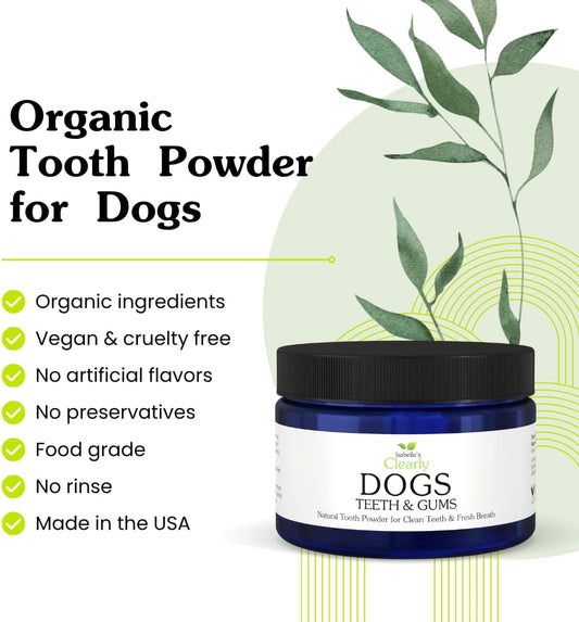 Natural dog dental cleaning powder jar on white background