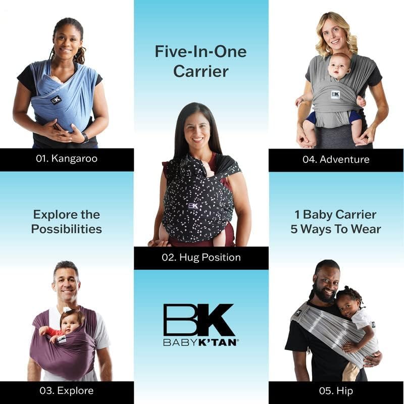 Parent wearing the easy slip-on baby wrap carrier like a t-shirt without buckles or rings.