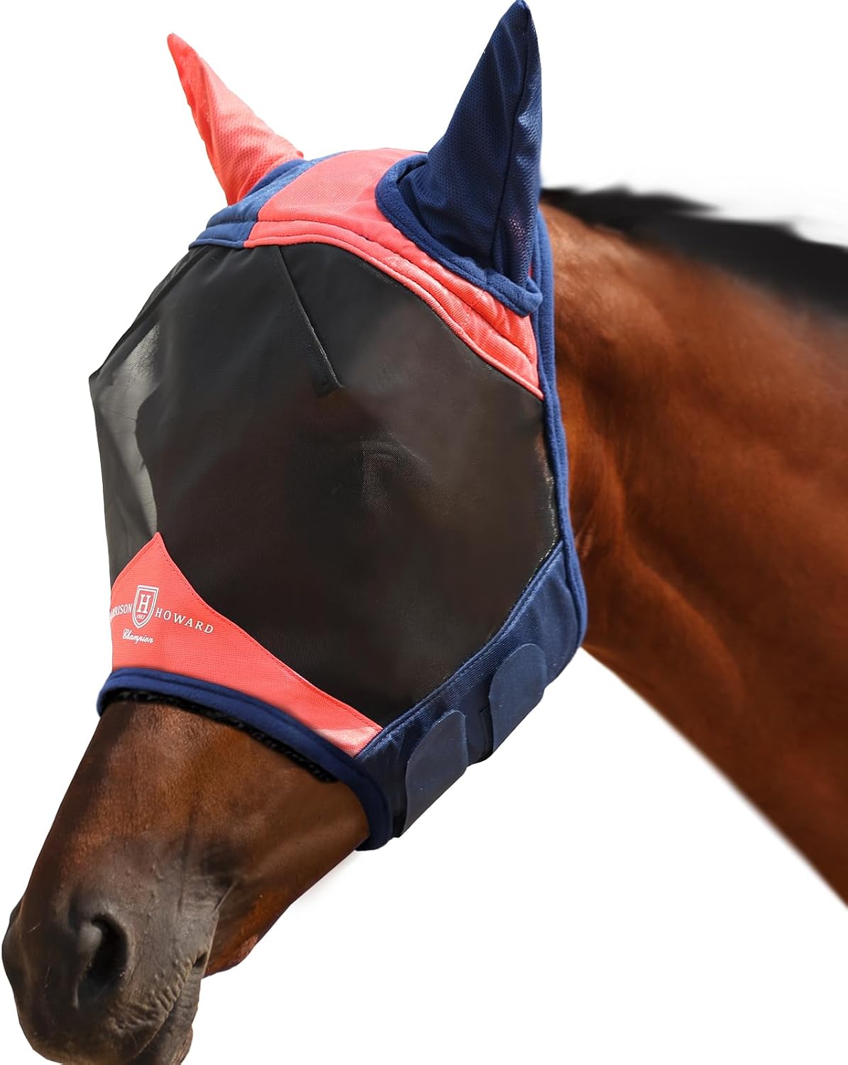 Harrison Howard Pro Luminous Horse Fly Mask front view in coral and navy