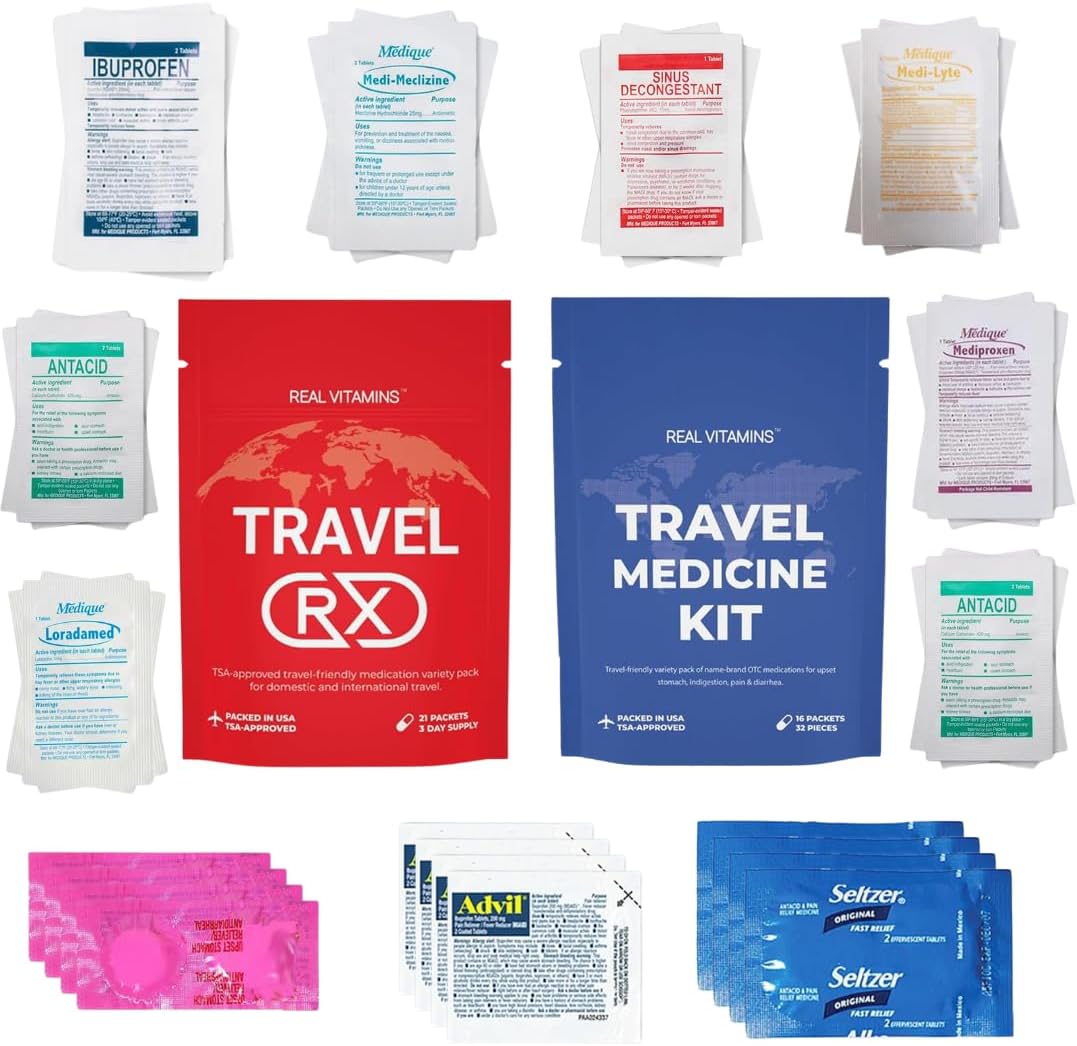 Real Vitamins Travel Medicine Kit front view red packet for international trips.