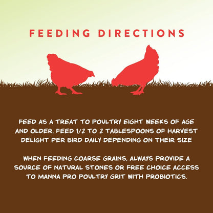 Feeding guidelines on Manna Pro Harvest Delight packaging