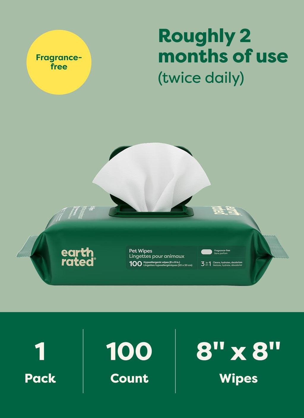 Earth Rated premium imported alcohol free pet wipes stack on table