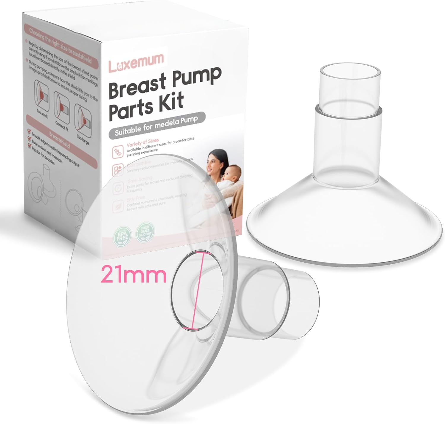 Luxemum breast pump parts front view showing two packs of 21mm silicone flanges