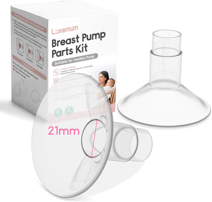 Luxemum breast pump parts front view showing two packs of 21mm silicone flanges