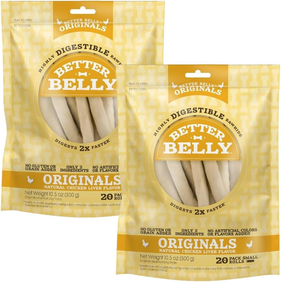 Better Belly Rawhide Chicken Liver Rolls Small 20 Count Pack of 2 front view authentic imported dog treats