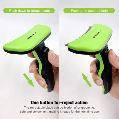 Ergonomic non slip handle of the self cleaning dog and cat shedding tool