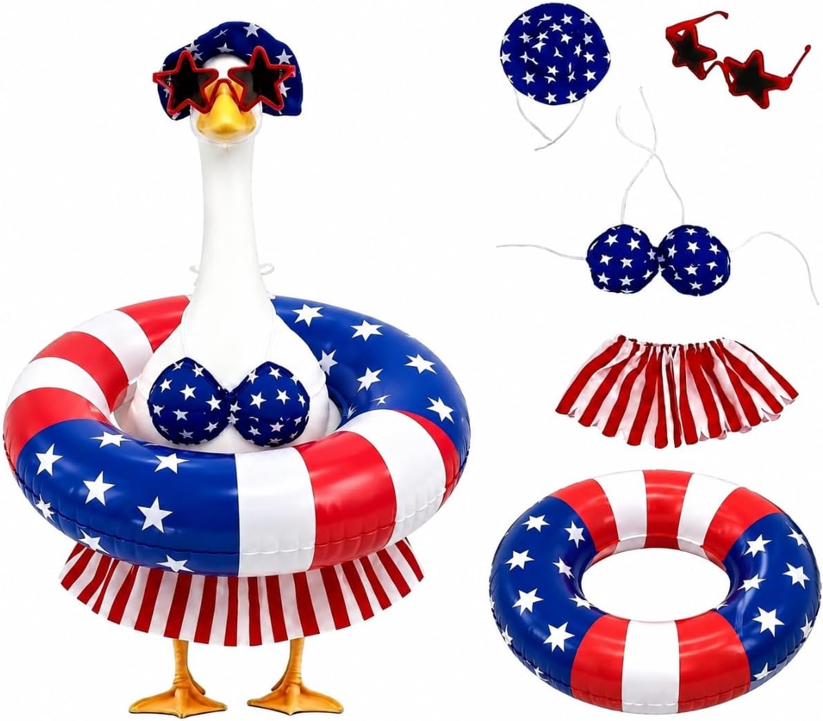 Aymolas patriotic porch goose outfits front view showing star-spangled bikini costume.