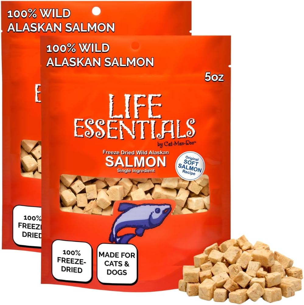 Freeze dried wild Alaskan salmon bites in packaging background