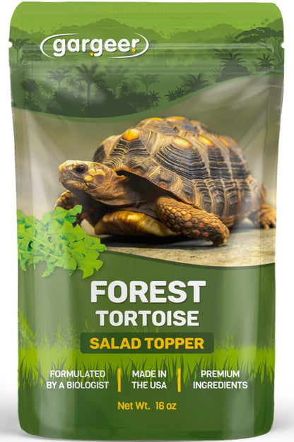 Healthy Sulcata tortoise enjoying a meal with Gargeer supplement