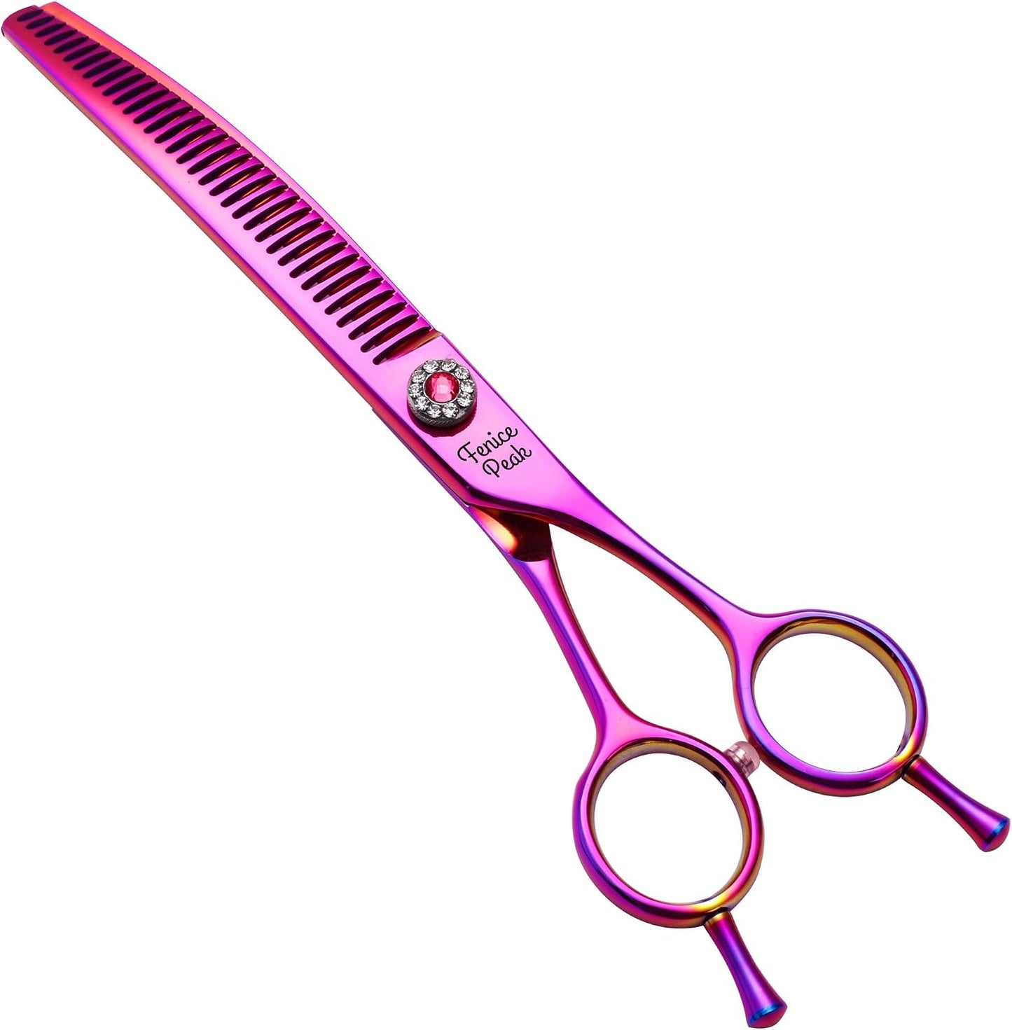 Fenice Peak professional dog grooming scissors front view showing rainbow finish.