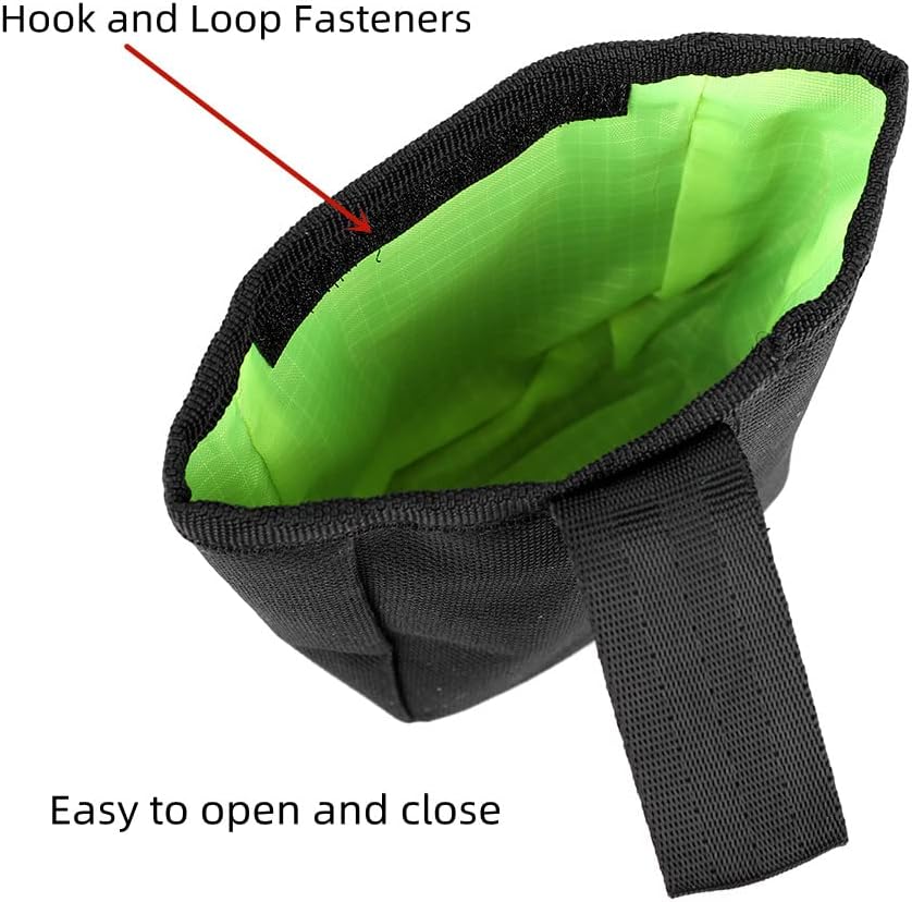 Waterproof Oxford cloth puppy treat pouch with open magic tape closure showing inside storage