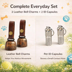 Two sets of Kcrygogo vintage copper pet bells attached to premium brown leather button straps.