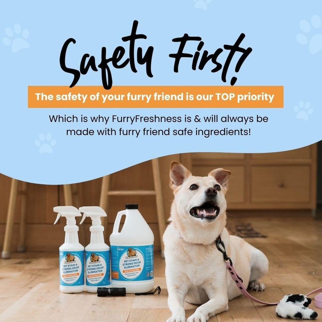 Using FurryFreshness spray to clean pet stains on home carpet