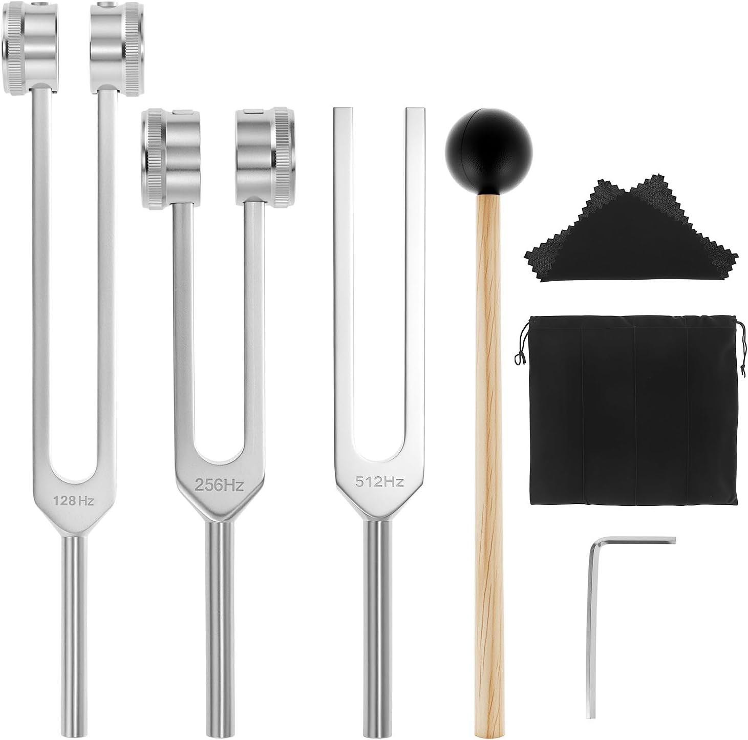 QWORK tuning forks for healing set front view displaying three aluminum forks and mallet