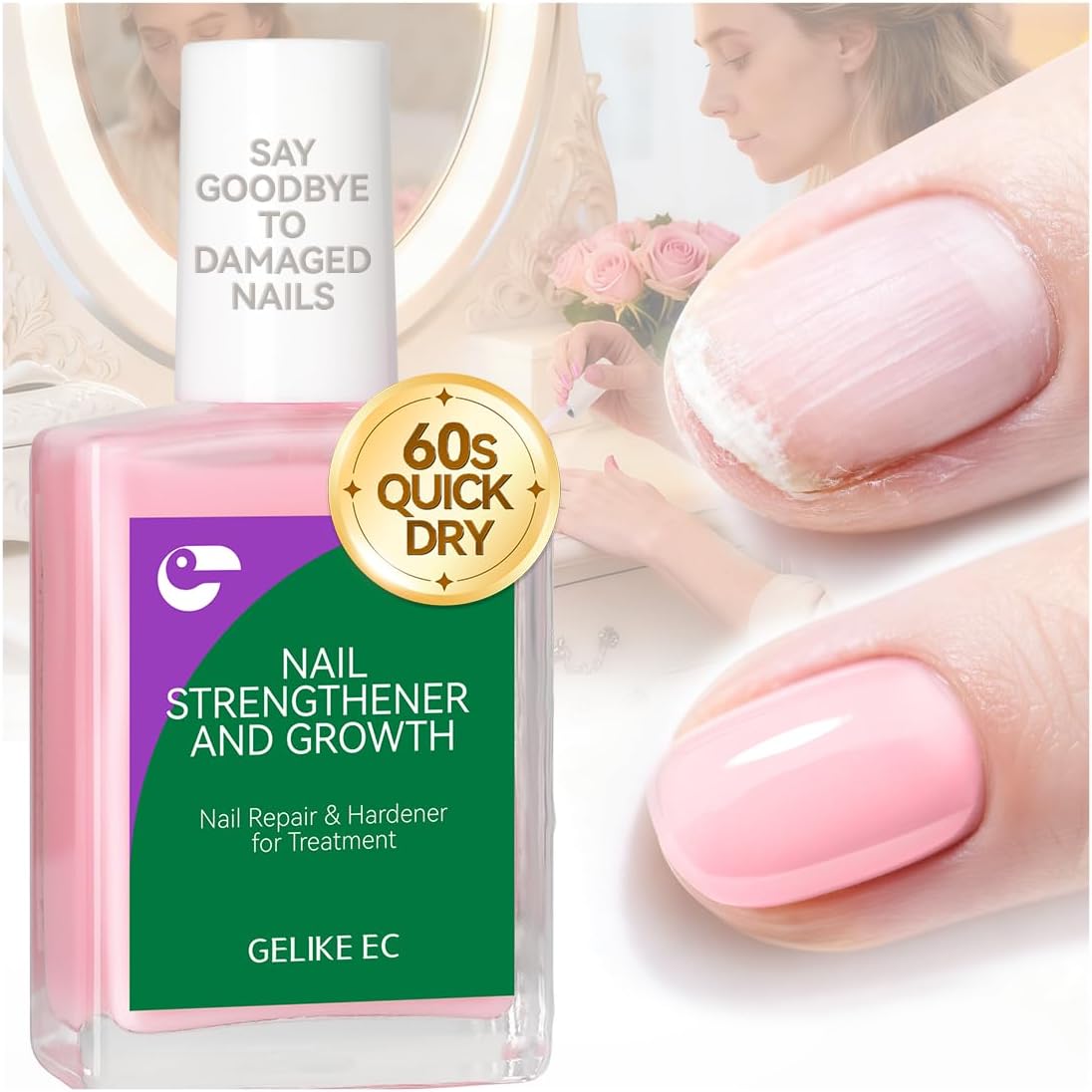 Gelike Ec Protein Nail Strengthener Pink 15ml bottle front view for damaged nails