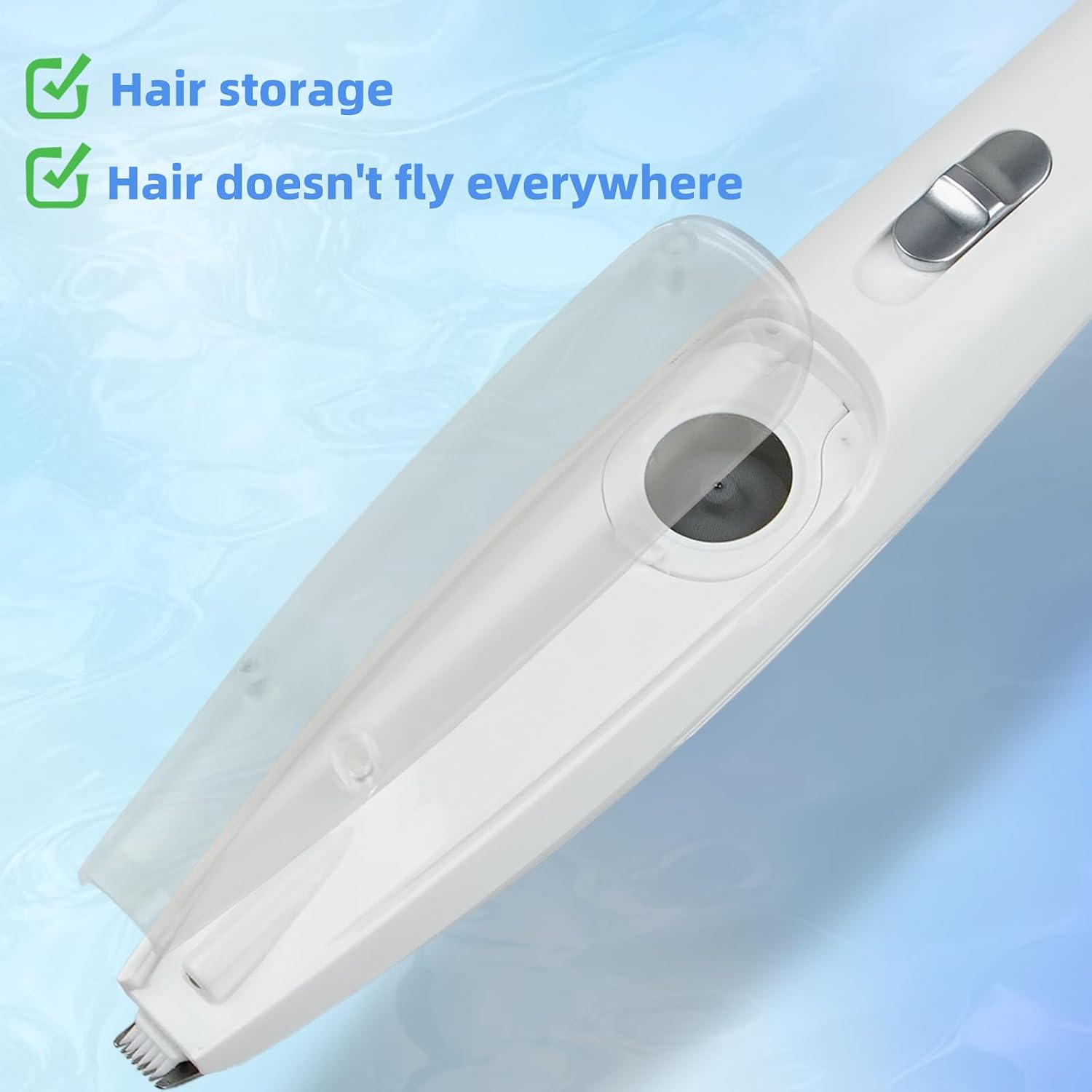 Rechargeable pet grooming tool highlighting dual-speed ceramic blades close up