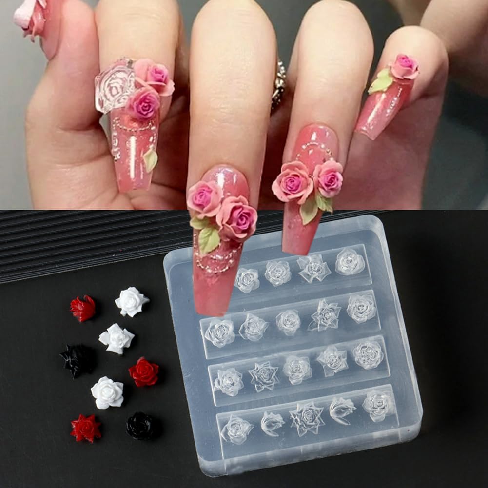 Lifoost 3D rose flower nail mold transparent silicone template front view for DIY manicures